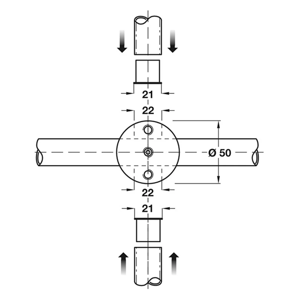 Board Partition Cross Connector Satin Stainless Steel Ø50mm - Image 2
