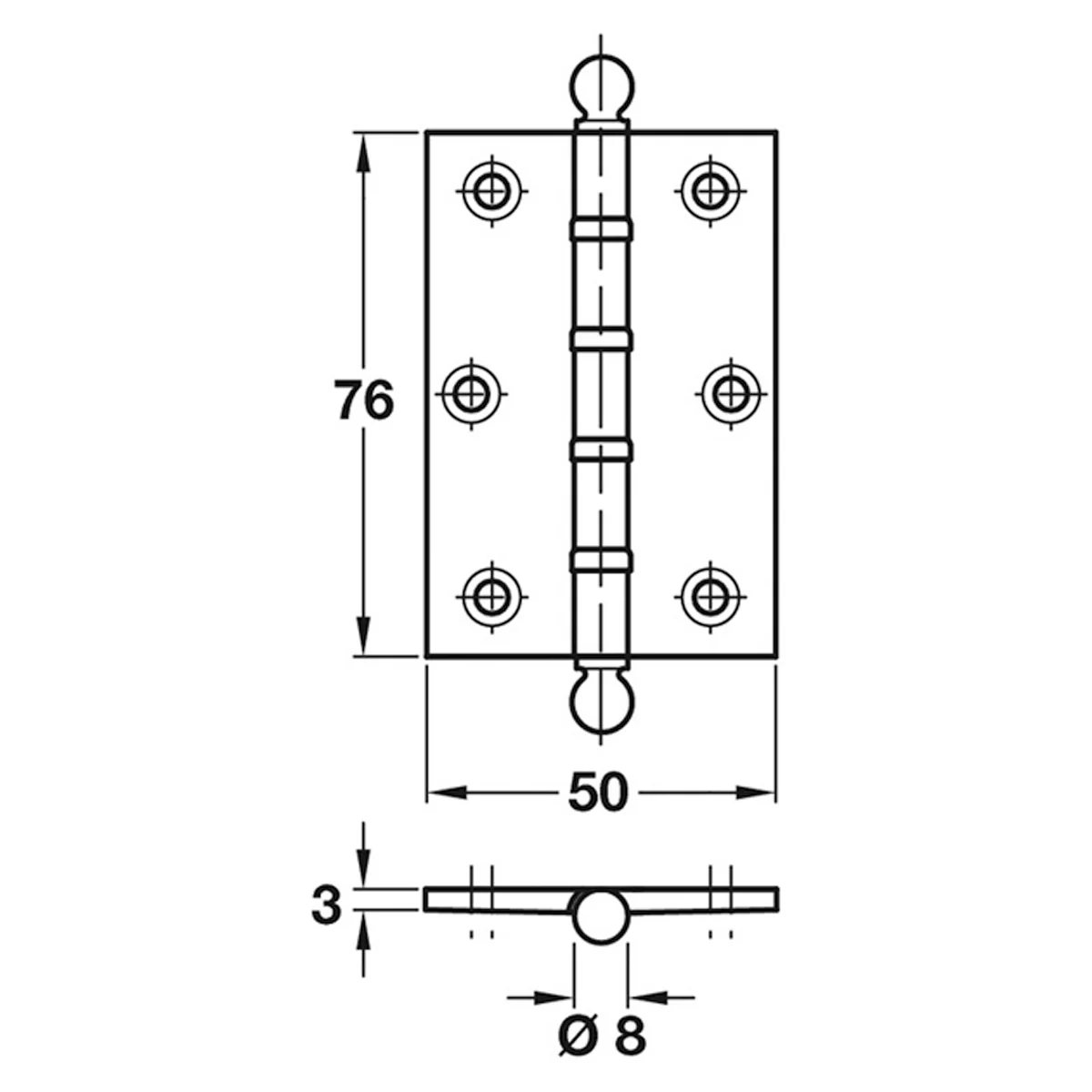 BUTT HINGE BB BALL 76x50x3 PCP - Image 2
