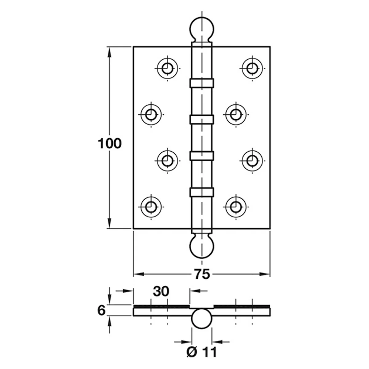 Ball Bearing Butt Hinge Ball Finial Intumescent 100x75x6mm Polished Brass - Image 2