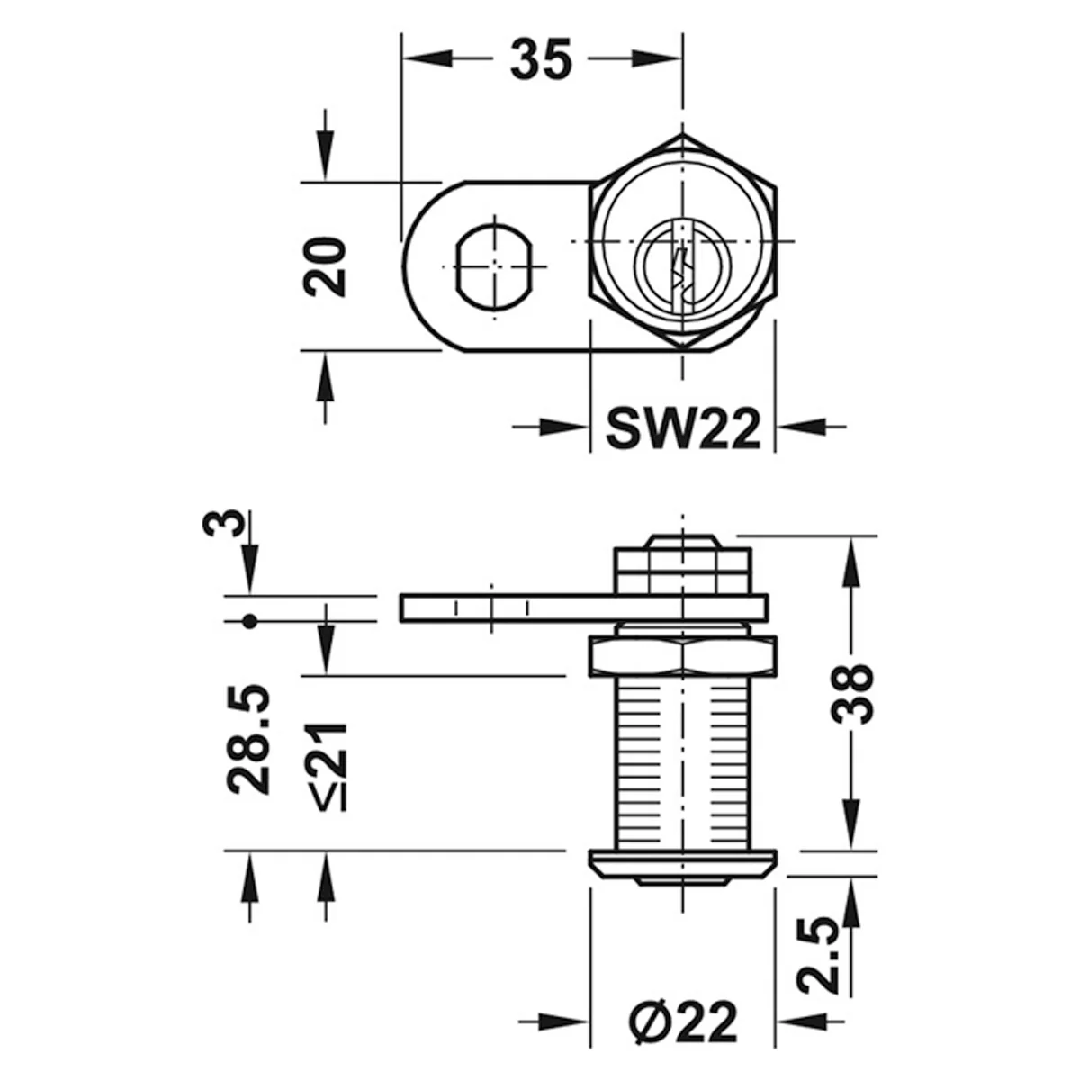 CYL CAM LOCK 21 90deg LEFT RAN BR/PNP - Image 2