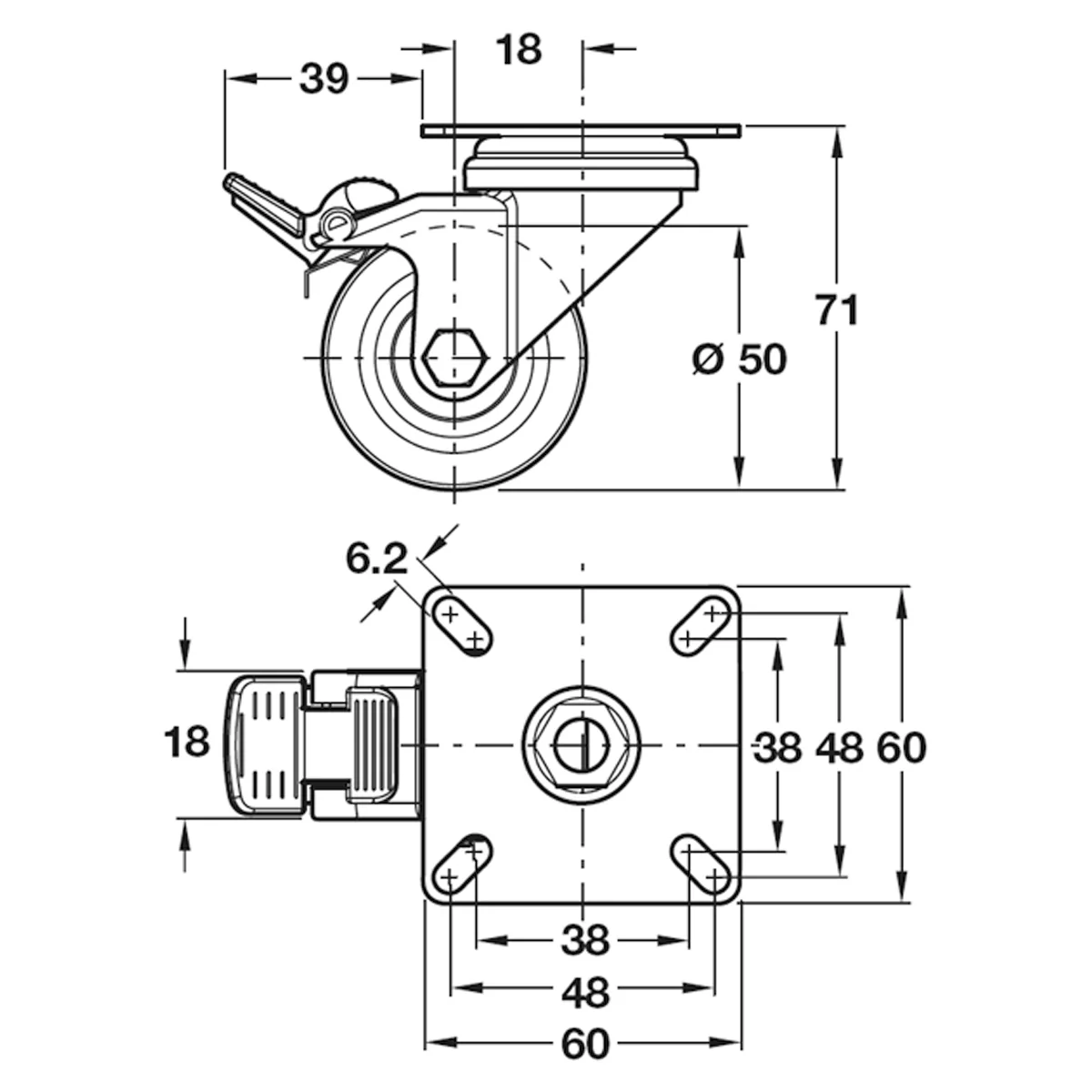 D50mm Castor Swivel w Brake PL Galv - Image 2