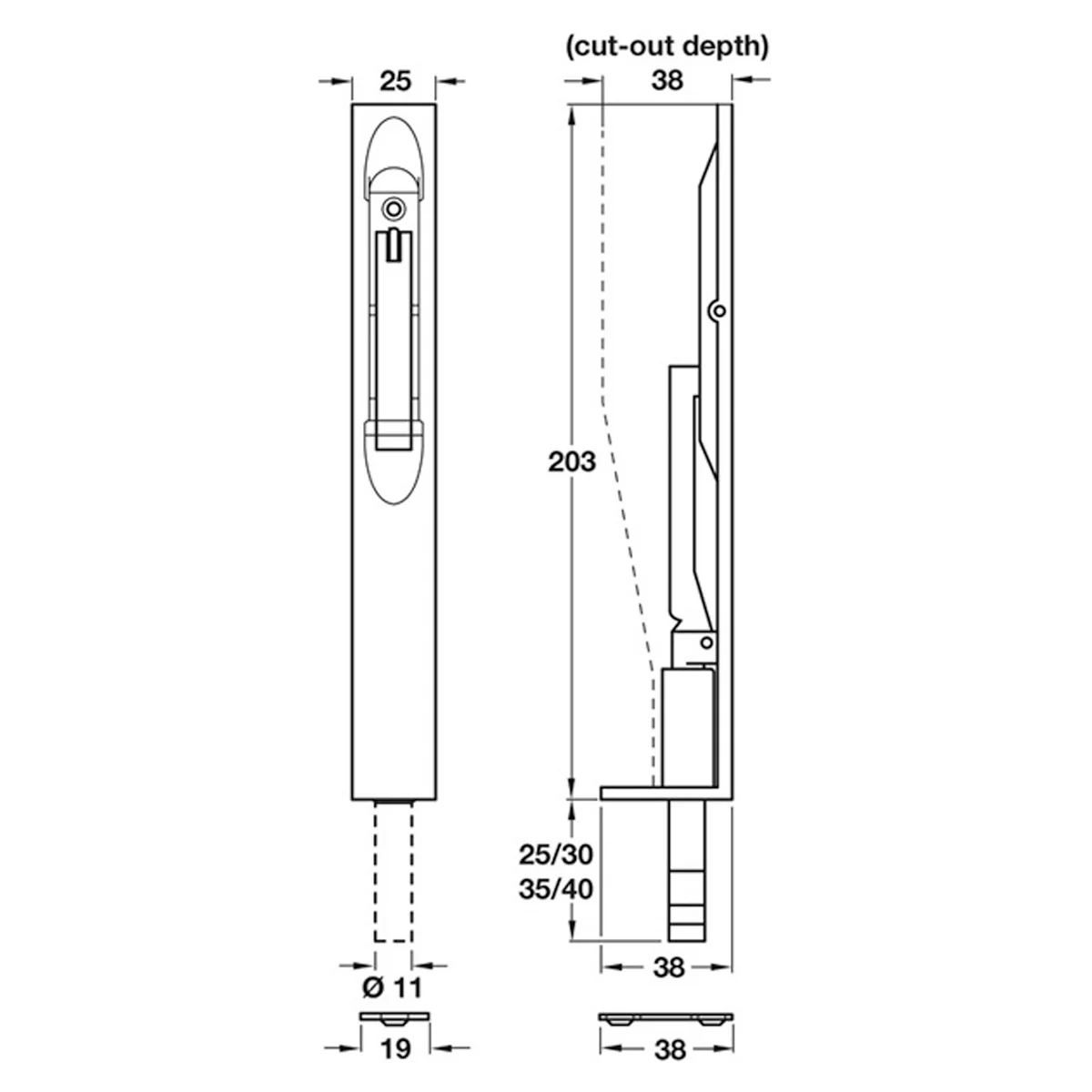 EXT THROW LVR FLUSH BOLT 25x203 SNP - Image 2
