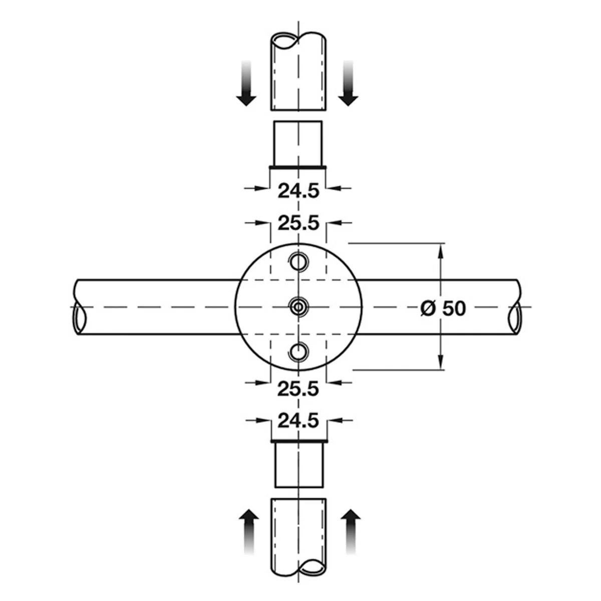 Glass Partition Cross Connector Satin Stainless Steel Ø50mm - Image 2