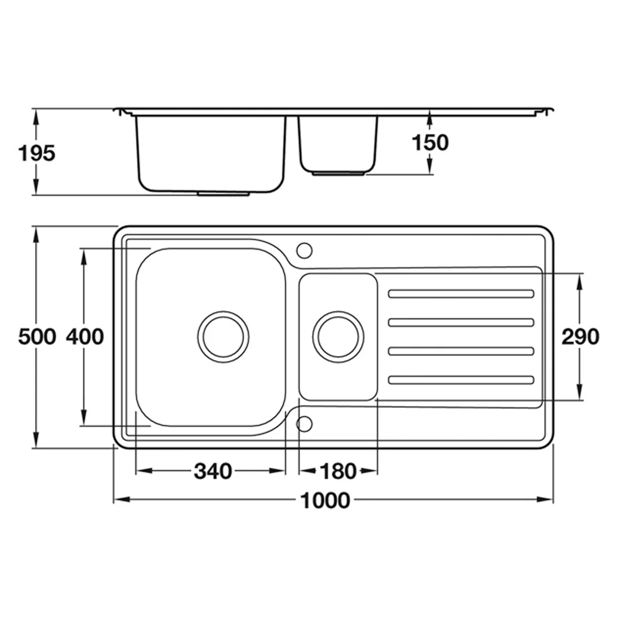 INSET SINK TOP 1½BOWL 1000x500 ST - Image 2