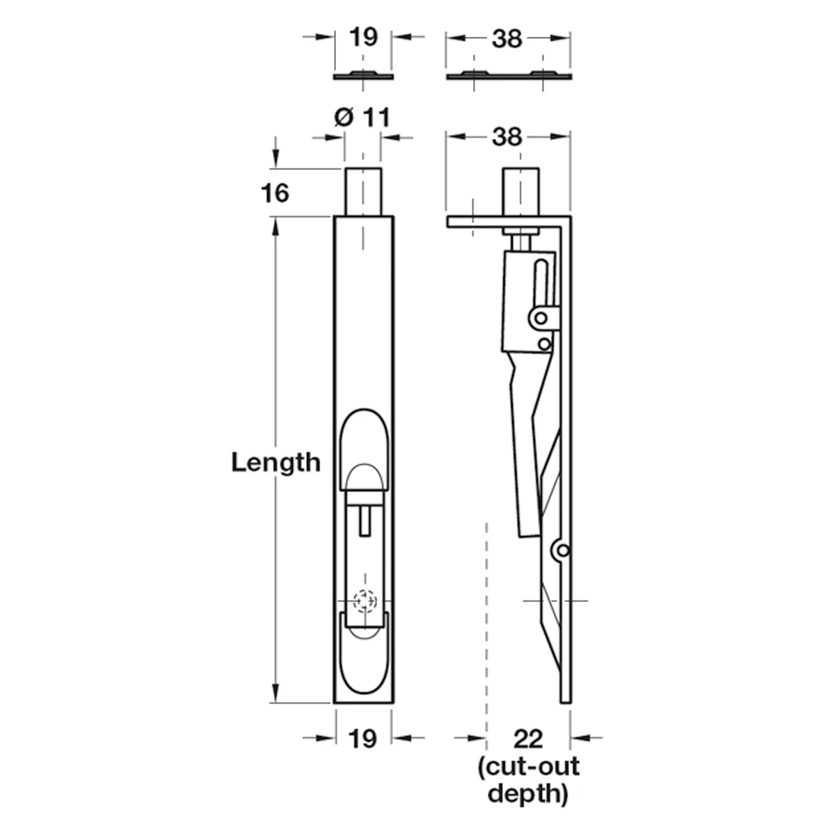 LEVER ACTION FLUSH BOLT 19x203 PBR - Image 2