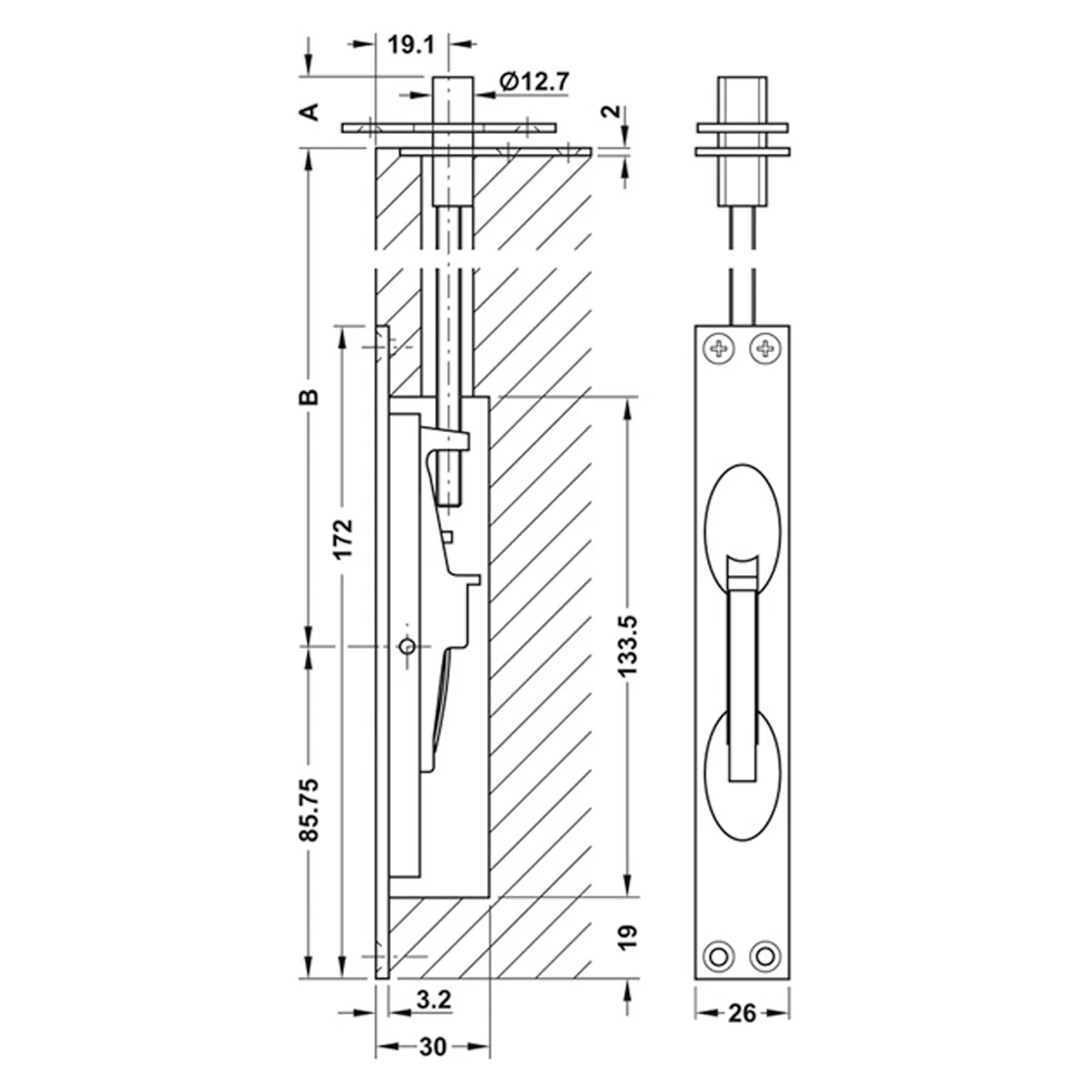LEVER ACTION FLUSH BOLT 25x172 PBR - Image 2