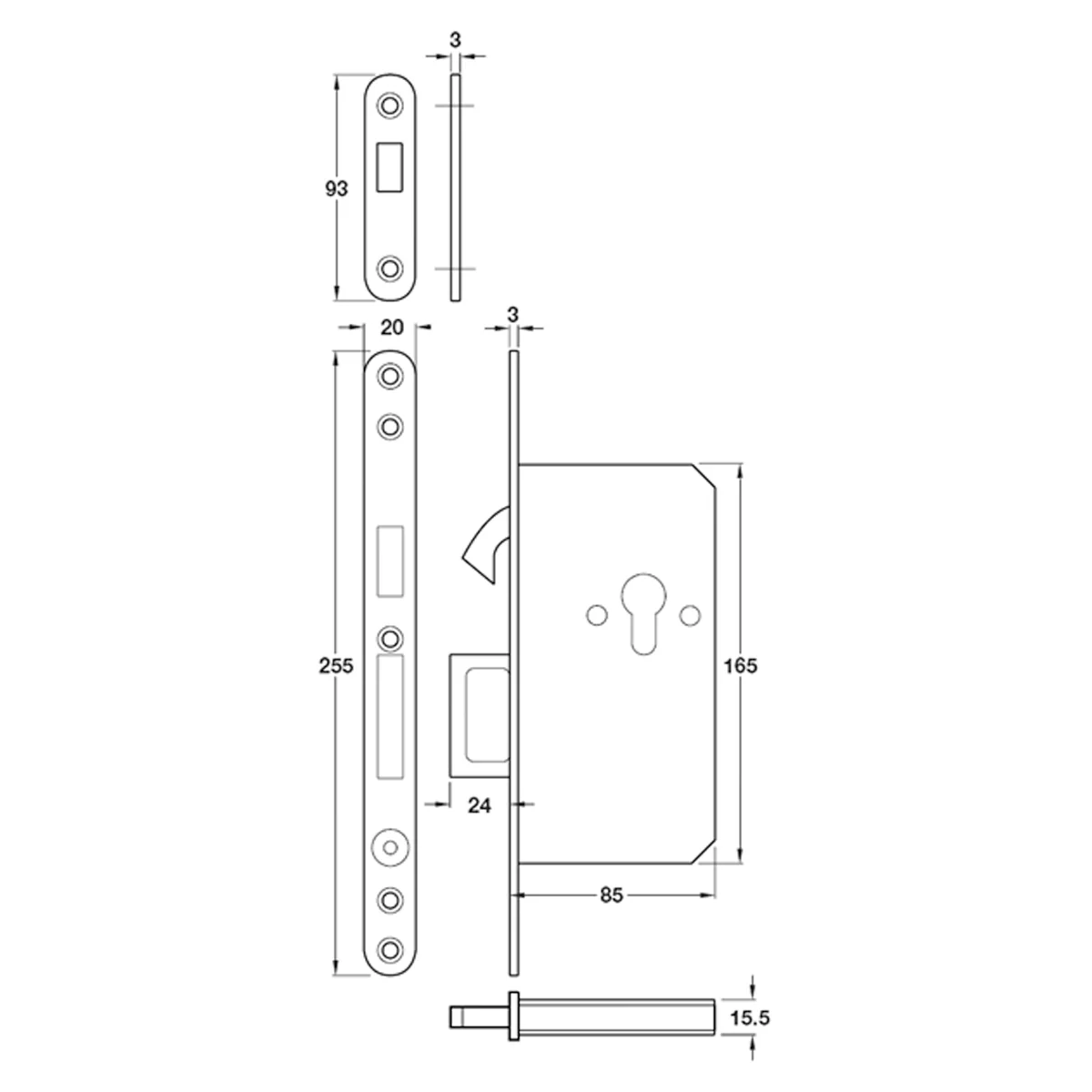 MORTICE CYL SLIDEDOOR LOCK CASE SSS - Image 2