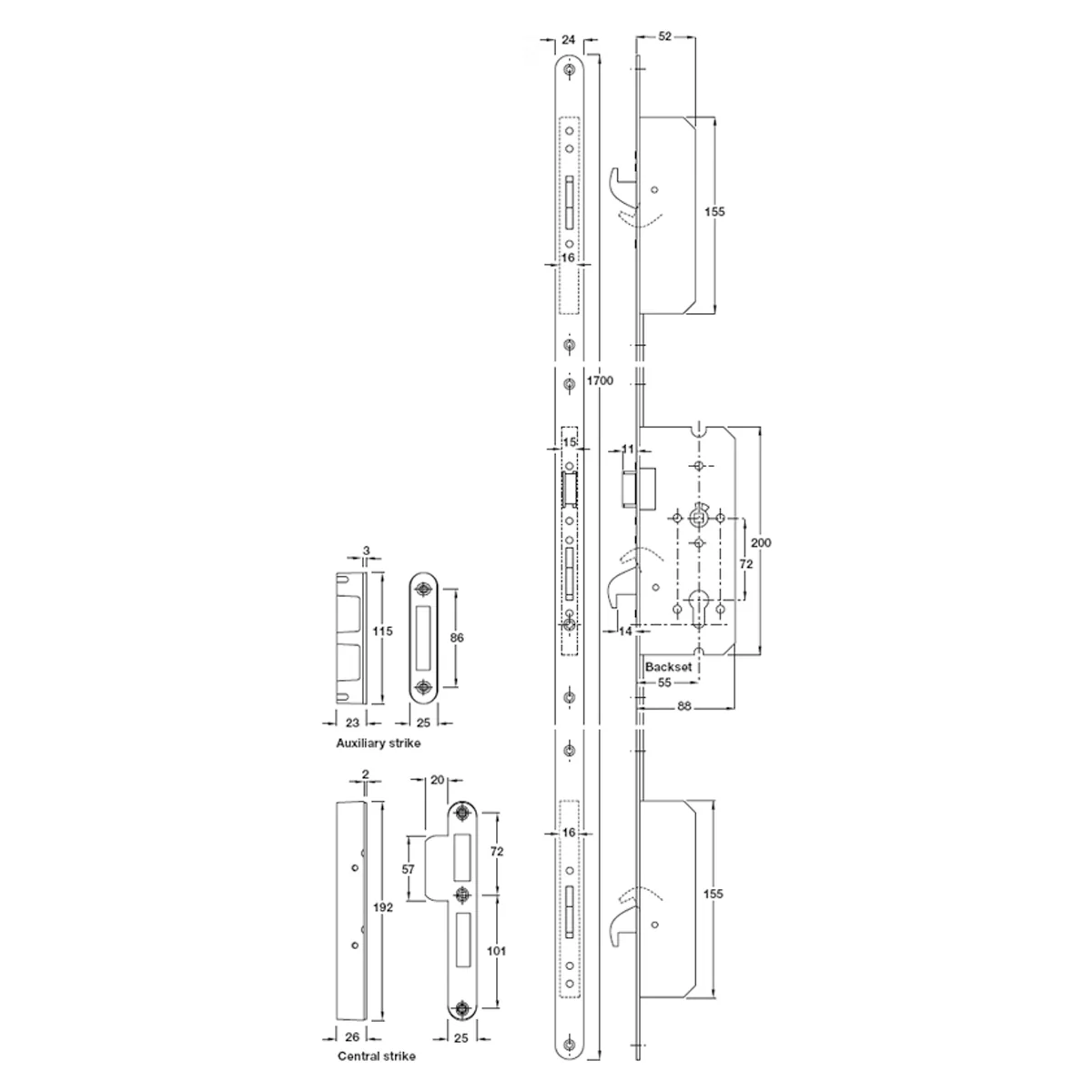 MORTICE CYLINDER 3 POINT LOCK ST/ZP - Image 2