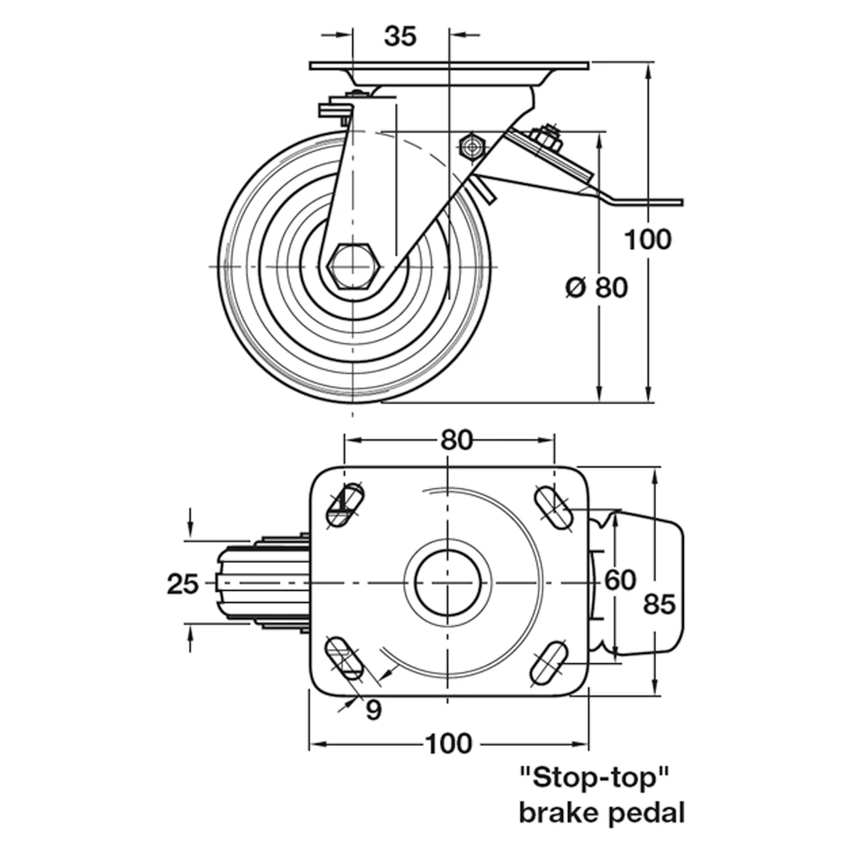 SWIVEL CASTOR BRAKE 50KG D80 ST - Image 2