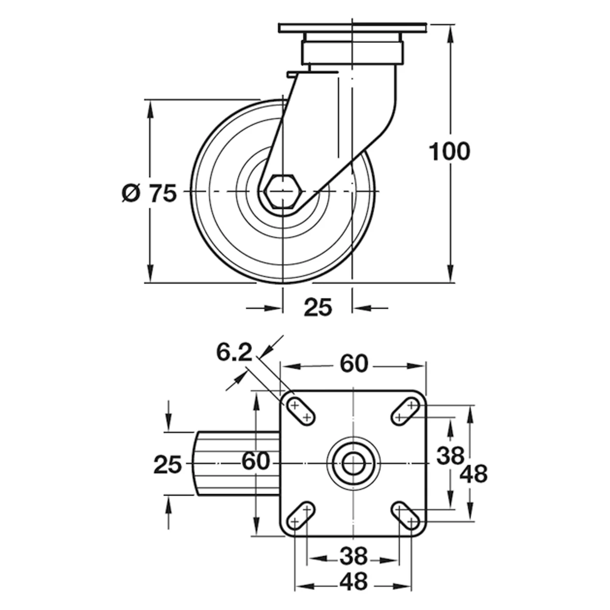 SWIVEL CASTOR NO BRAKE 60KG D75 ST - Image 2
