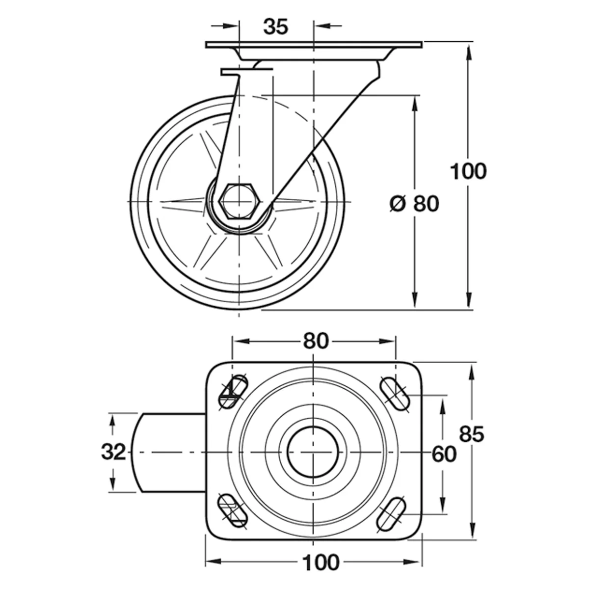 SWIVEL CASTOR PLATE 100KG D80 ST - Image 2