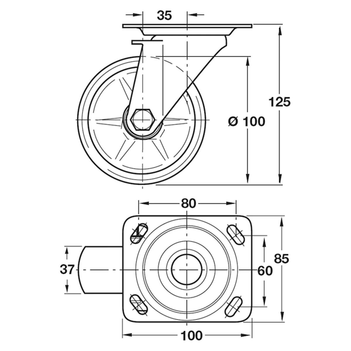 SWIVEL CASTOR PLATE 125KG D100 ST - Image 2