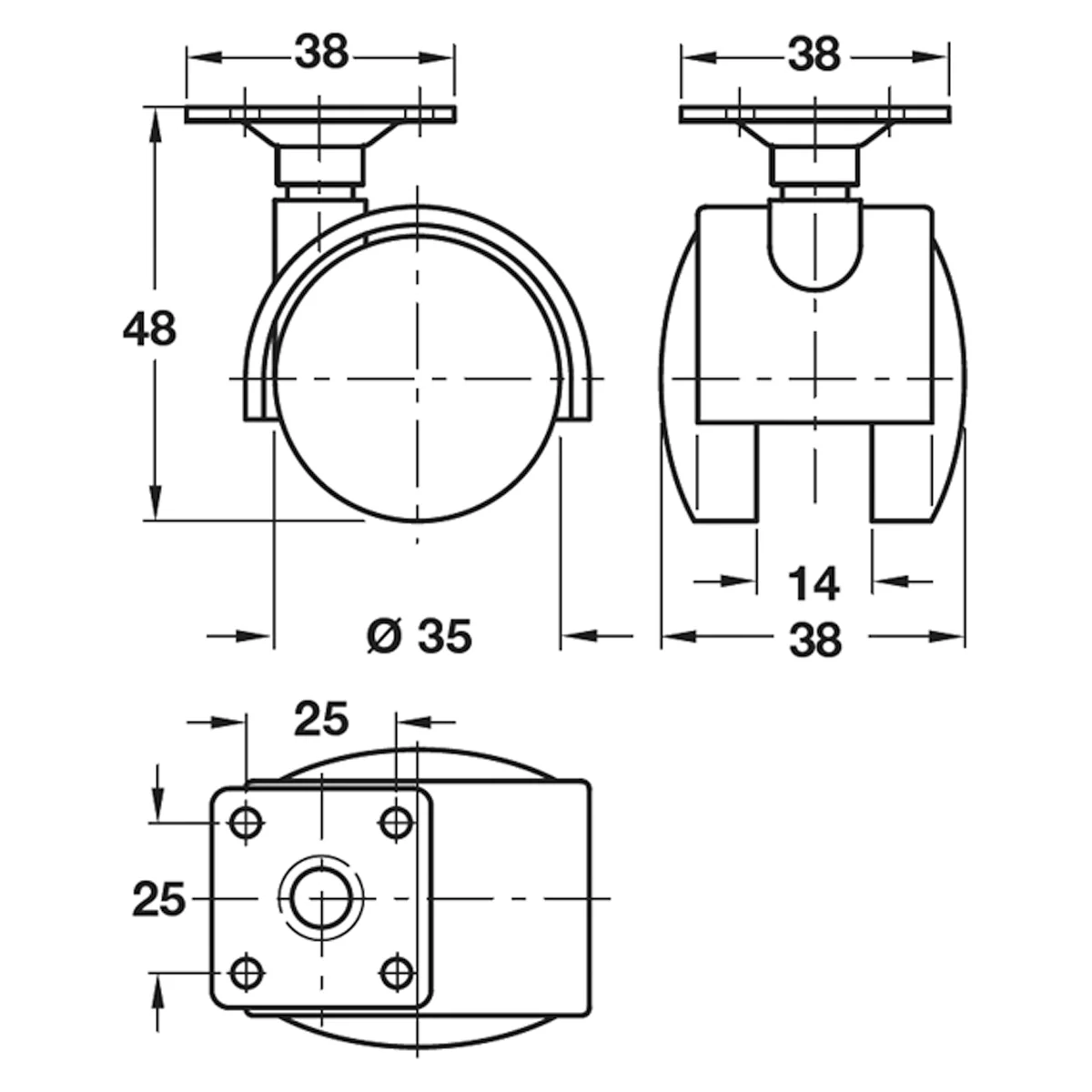TWIN CASTOR NO BRAKE D35x38 PL/MBLK - Image 2