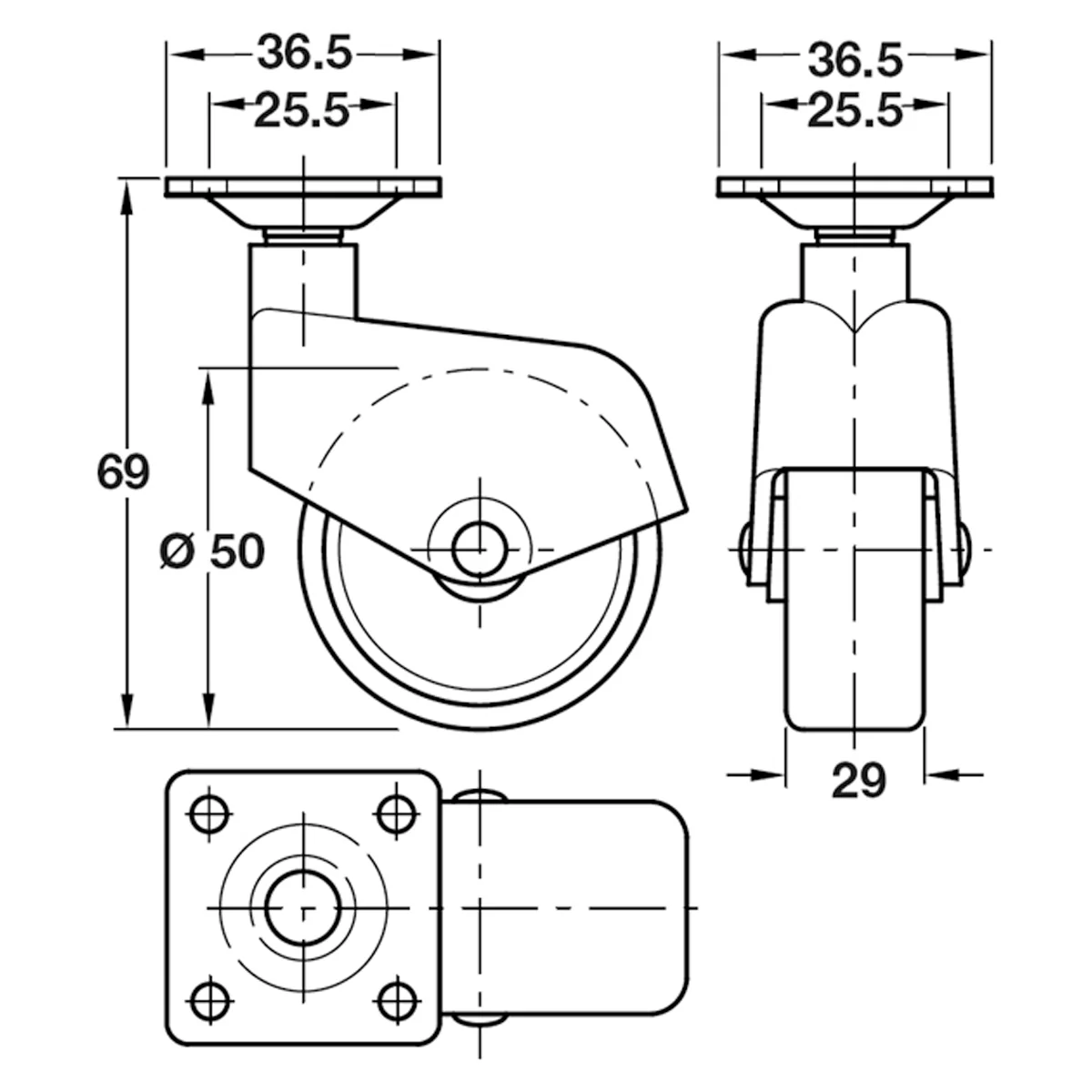 WHEEL CASTOR PLATE NO BRAKE D50x69 - Image 2